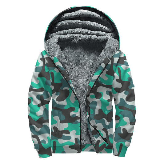 Teal and Black Camouflage Print Sherpa Lined Zip Up Hoodie for Groovy Hippies - 1