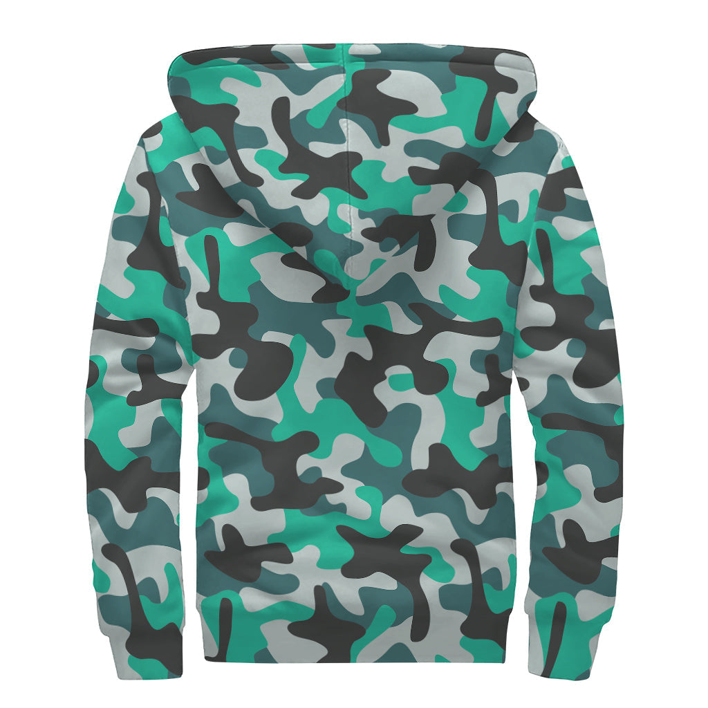 Teal and Black Camouflage Print Sherpa Lined Zip Up Hoodie for Groovy Hippies - 2