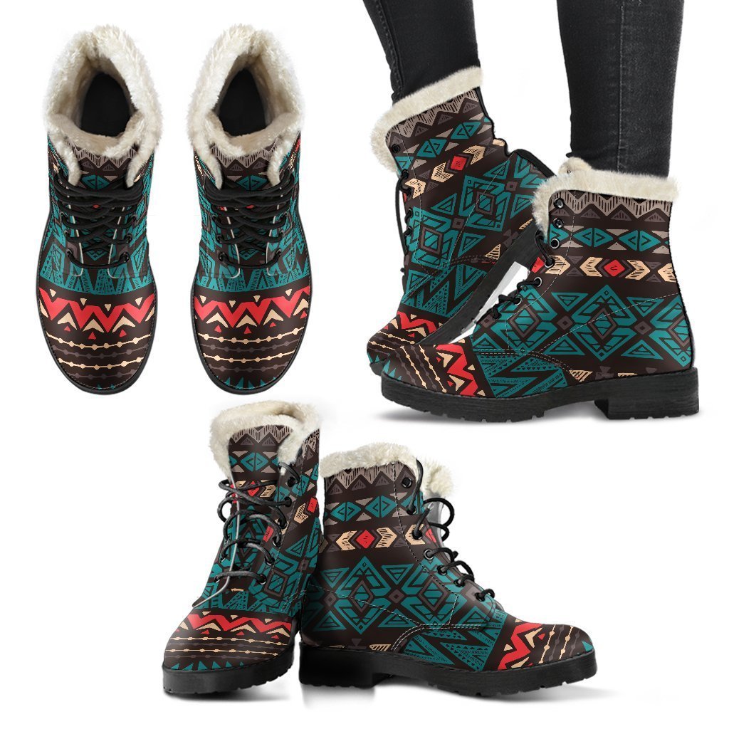 Teal and Brown Aztec Pattern Faux Fur Leather Boots: Embrace Your Inner Hippie Chic - 2