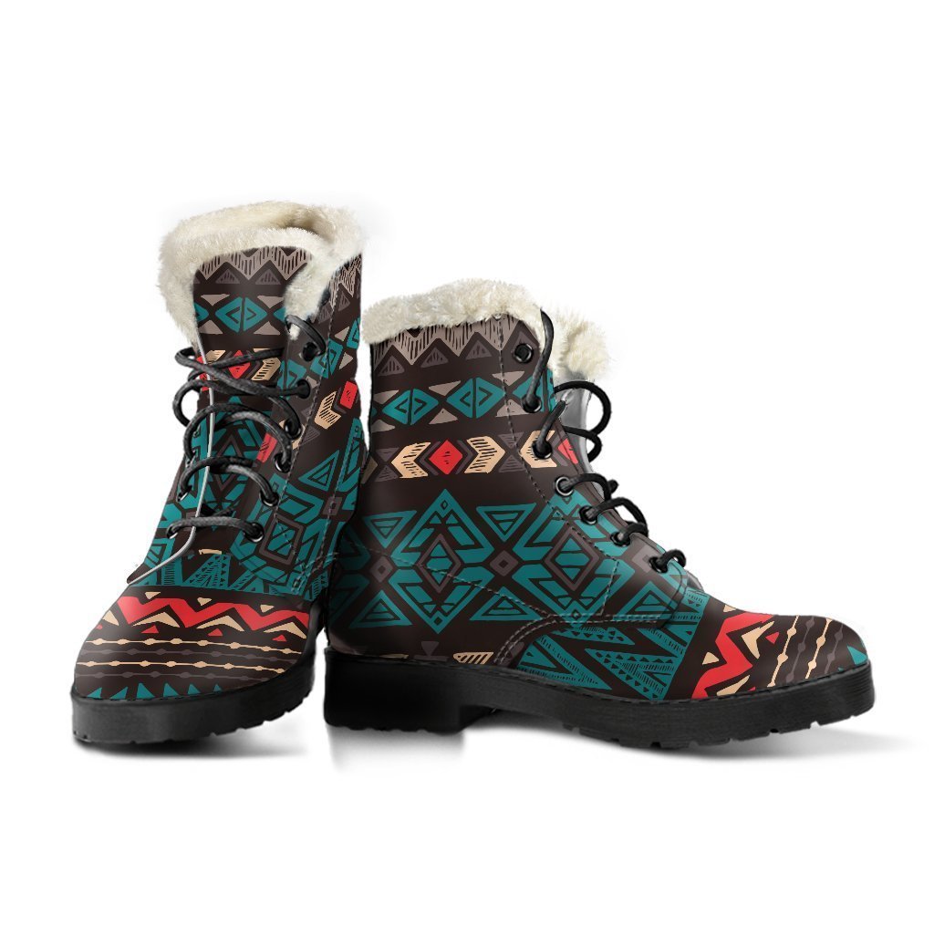 Teal and Brown Aztec Pattern Faux Fur Leather Boots: Embrace Your Inner Hippie Chic - 3