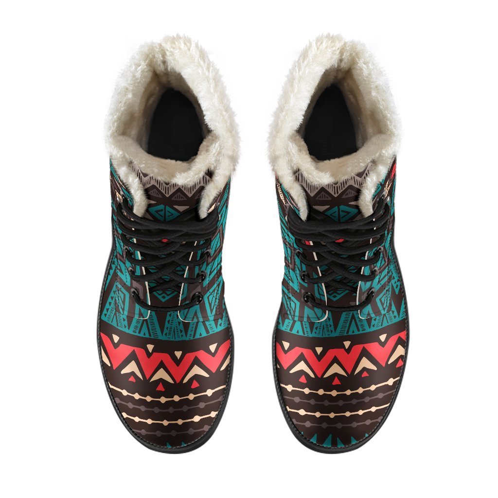 Teal and Brown Aztec Pattern Faux Fur Leather Boots: Embrace Your Inner Hippie Chic - 4