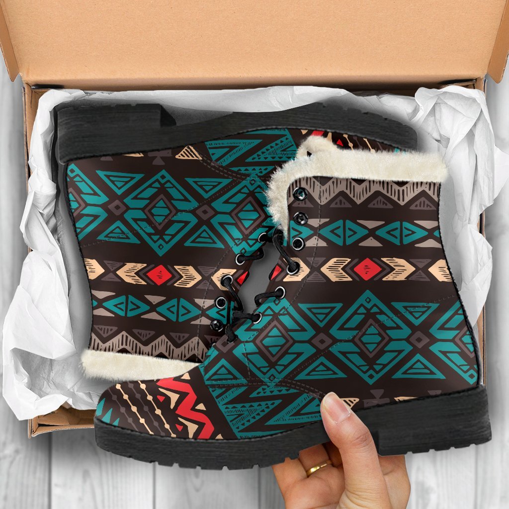 Teal and Brown Aztec Pattern Faux Fur Leather Boots: Embrace Your Inner Hippie Chic - 5