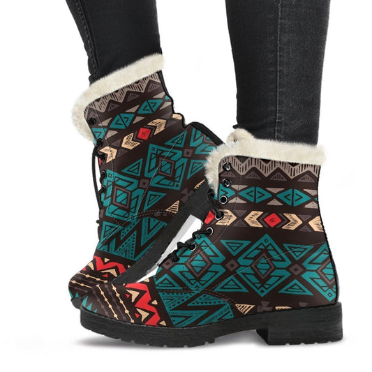 Teal and Brown Aztec Pattern Faux Fur Leather Boots: Embrace Your Inner Hippie Chic - 1