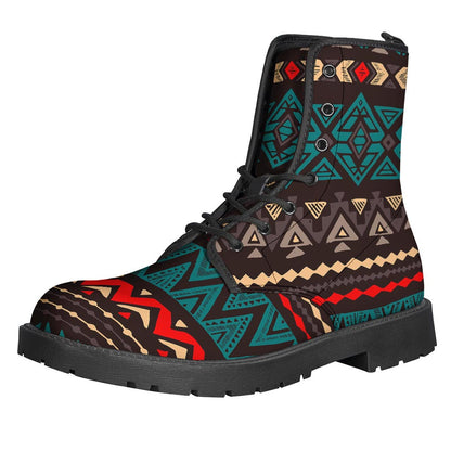 Teal and Brown Aztec Pattern Leather Hippie Boots: Embrace the Boho Chic Style - 1