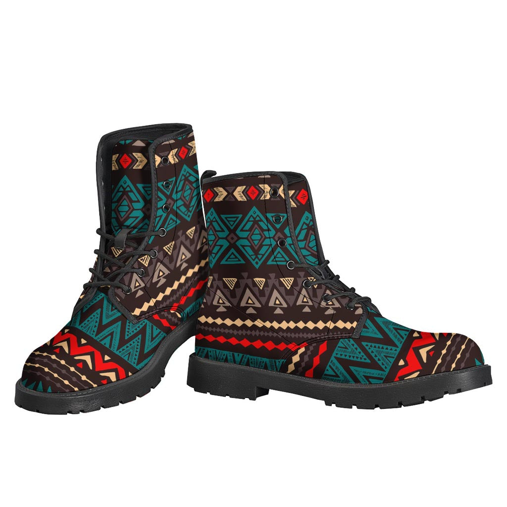 Teal and Brown Aztec Pattern Leather Hippie Boots: Embrace the Boho Chic Style - 3