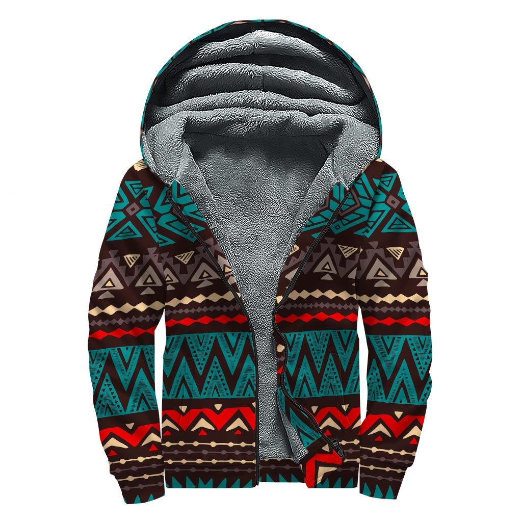 Teal and Brown Aztec Pattern Sherpa Lined Zip Up Hoodie for Groovy Hippies - 1