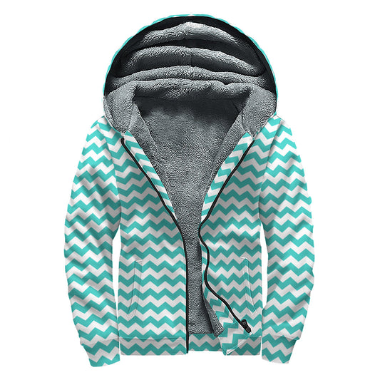 Groovy Teal and White Chevron Pattern Sherpa Lined Zip Up Hoodie for Peaceful Hippies - 1