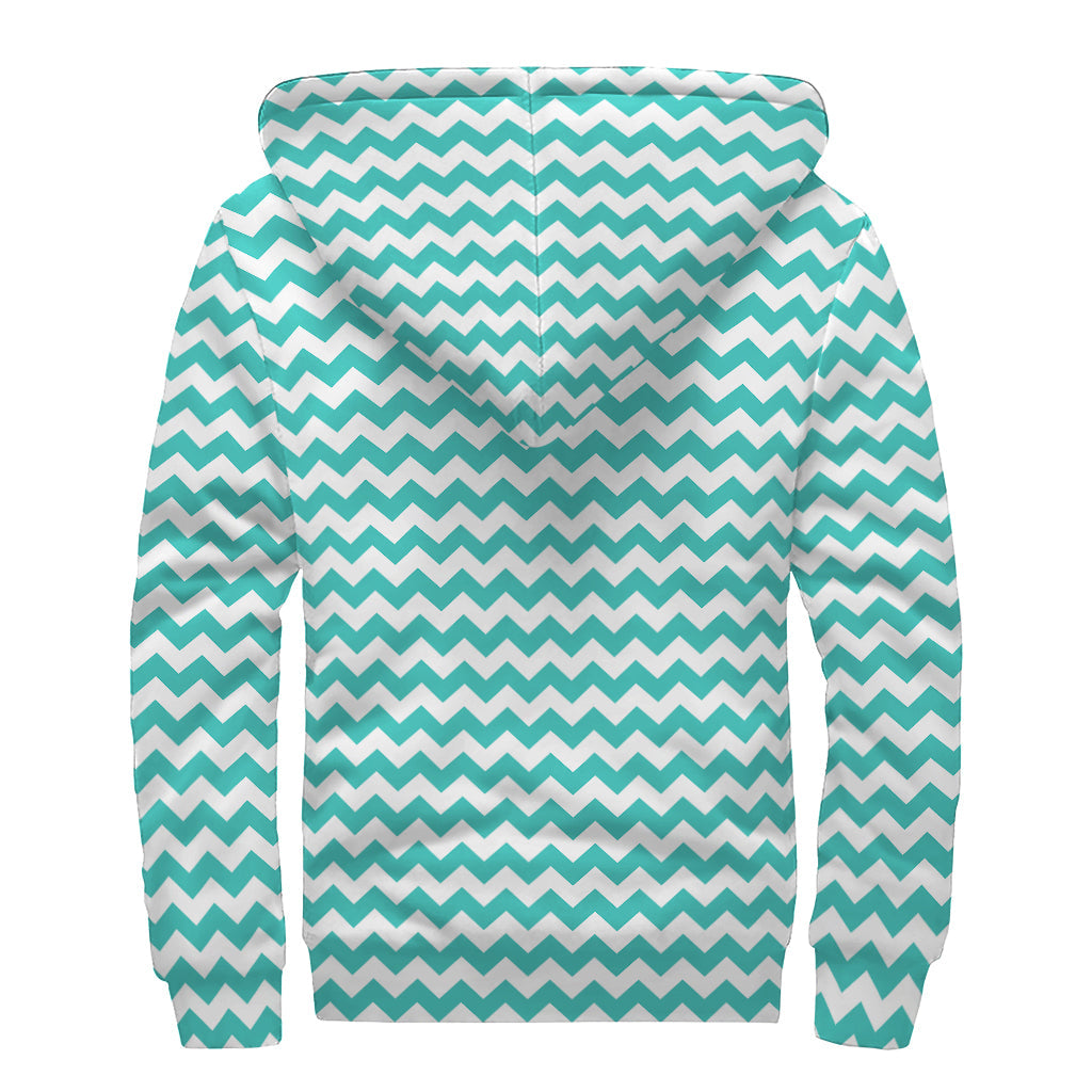 Groovy Teal and White Chevron Pattern Sherpa Lined Zip Up Hoodie for Peaceful Hippies - 2