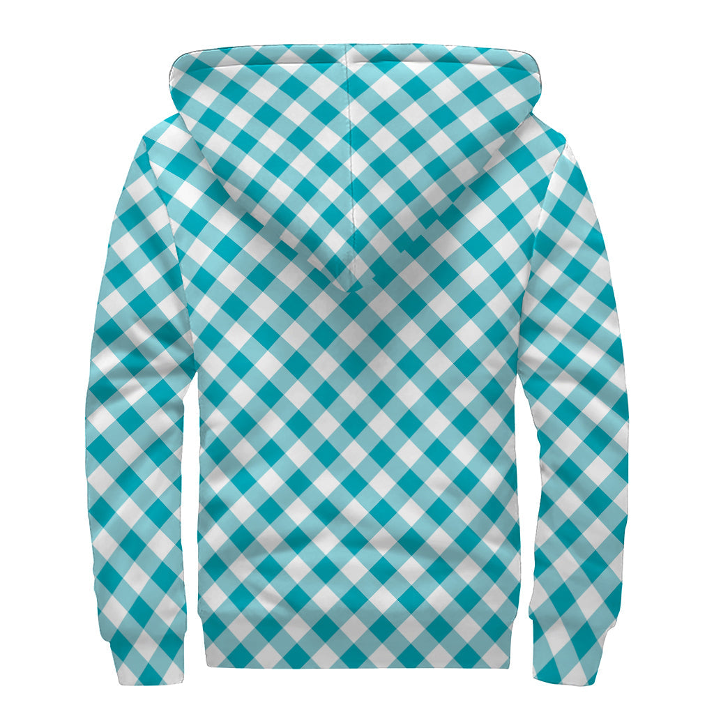 Teal and White Gingham Print Sherpa Lined Zip Up Hoodie: Stay Cozy in Hippie Style - 2