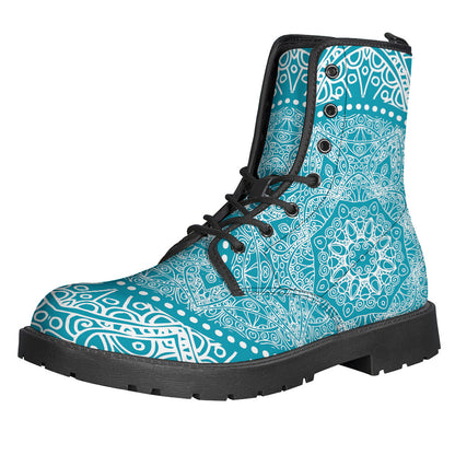 Groovy Teal and White Mandala Print Leather Boots for Free-Spirited Hippies - 1