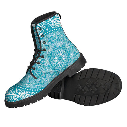 Groovy Teal and White Mandala Print Leather Boots for Free-Spirited Hippies - 2