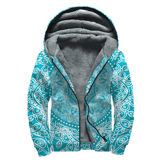 Teal and White Mandala Print Hippie Sherpa Lined Zip Up Hoodie - 1