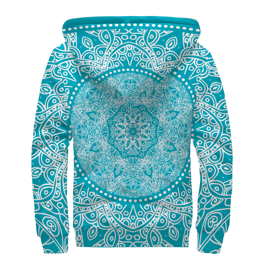 Teal and White Mandala Print Hippie Sherpa Lined Zip Up Hoodie - 2