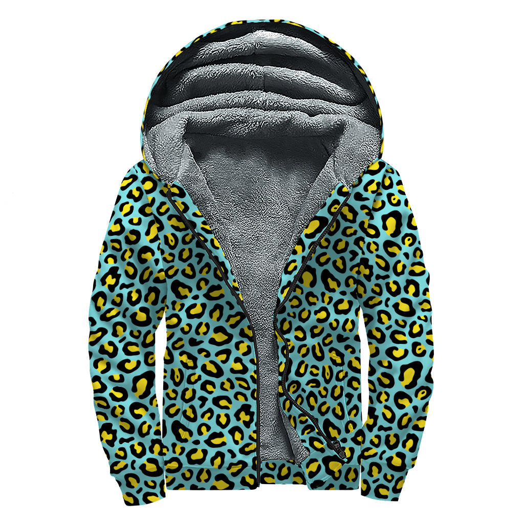 Teal and Yellow Leopard Pattern Print Hippie's Dream Sherpa Lined Zip Up Hoodie - 1