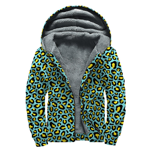 Teal and Yellow Leopard Pattern Print Hippie's Dream Sherpa Lined Zip Up Hoodie - 1