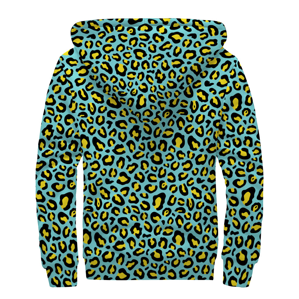 Teal and Yellow Leopard Pattern Print Hippie's Dream Sherpa Lined Zip Up Hoodie - 2