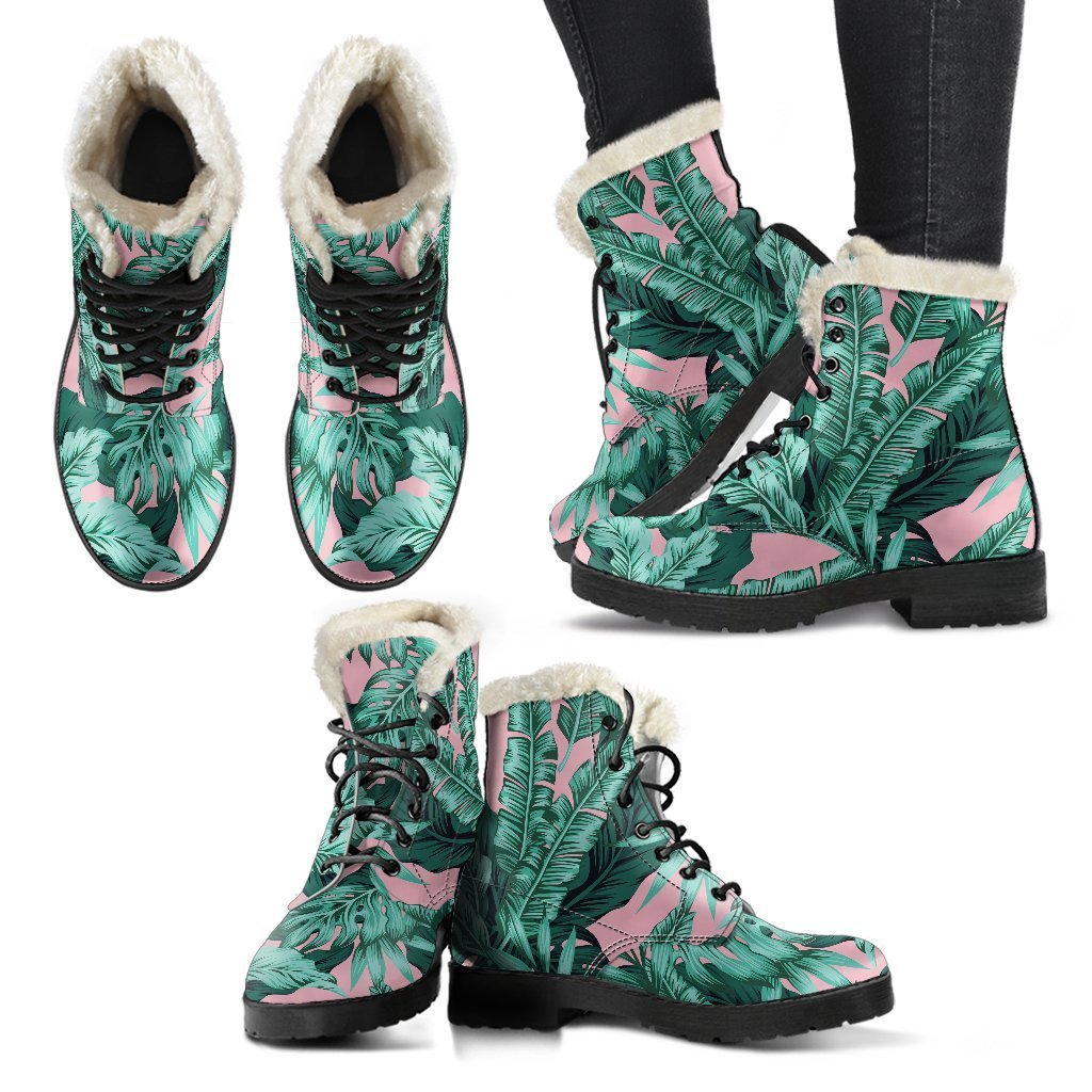 Teal Banana Leaves Faux Fur Leather Boots: Embrace Your Inner Hippie Style - 2