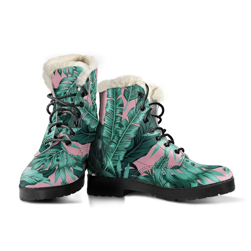 Teal Banana Leaves Faux Fur Leather Boots: Embrace Your Inner Hippie Style - 3