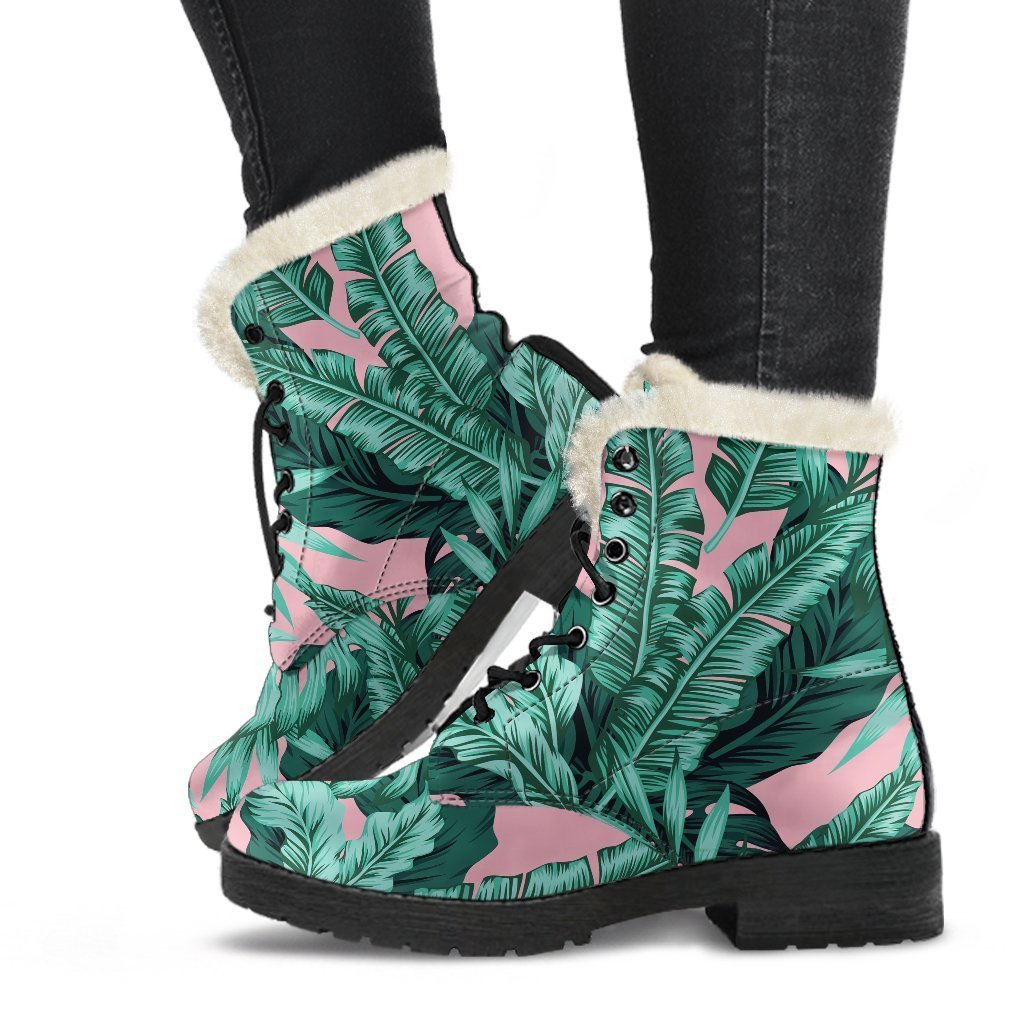 Teal Banana Leaves Faux Fur Leather Boots: Embrace Your Inner Hippie Style - 1