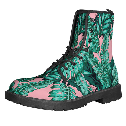 Teal Banana Leaves Pattern Leather Boots for Fashionable Hippies - 1