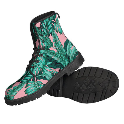 Teal Banana Leaves Pattern Leather Boots for Fashionable Hippies - 2