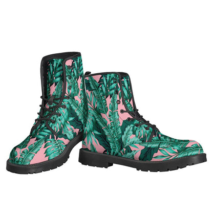 Teal Banana Leaves Pattern Leather Boots for Fashionable Hippies - 3