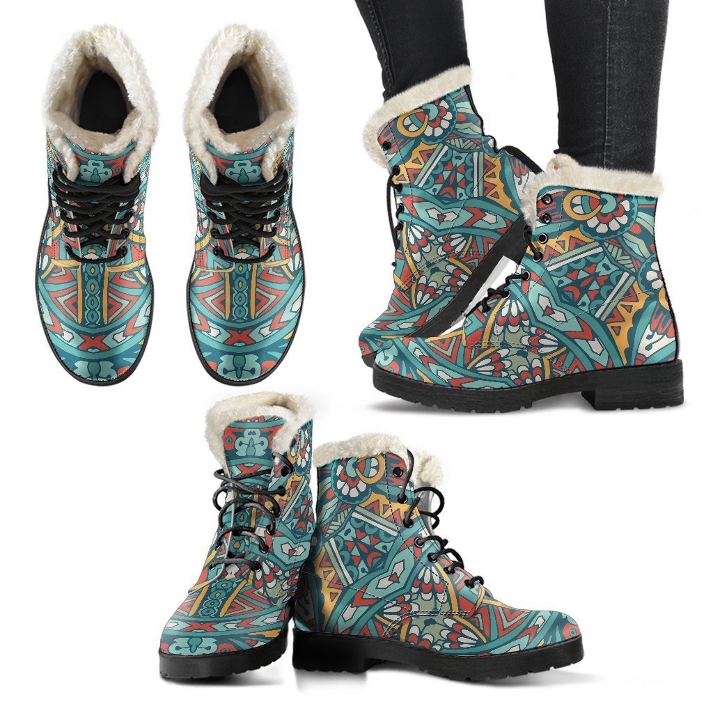 Teal Bohemian Mandala Faux Fur Leather Boots for Hippie Souls - 2