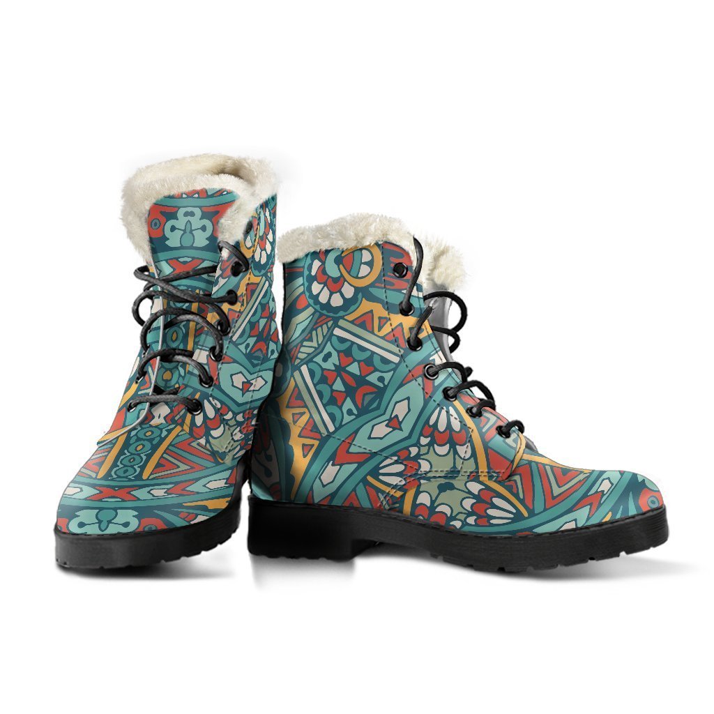 Teal Bohemian Mandala Faux Fur Leather Boots for Hippie Souls - 3