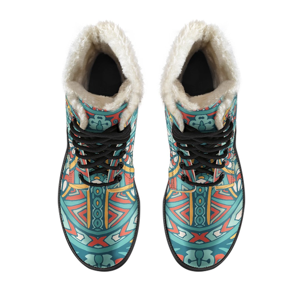 Teal Bohemian Mandala Faux Fur Leather Boots for Hippie Souls - 4