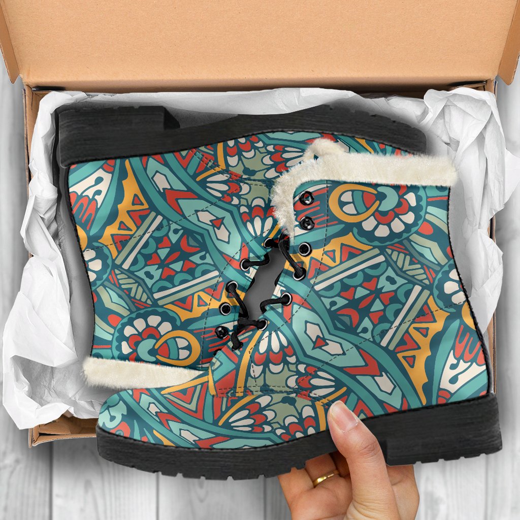 Teal Bohemian Mandala Faux Fur Leather Boots for Hippie Souls - 5