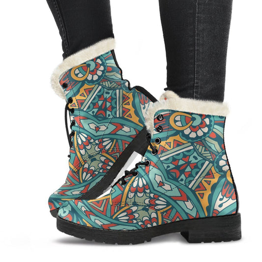 Teal Bohemian Mandala Faux Fur Leather Boots for Hippie Souls - 1