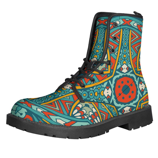 Teal Bohemian Mandala Pattern Leather Boots - Step Out in Hippie Style - 1