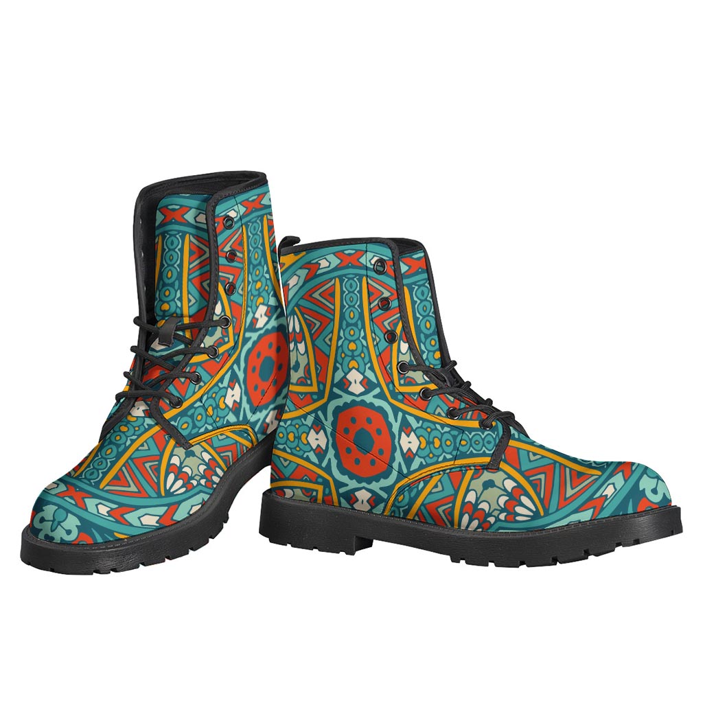 Teal Bohemian Mandala Pattern Leather Boots - Step Out in Hippie Style - 3