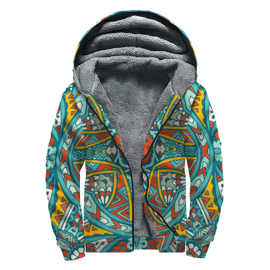 Teal Bohemian Mandala Sherpa Zip Up: Groovy Style for Modern Hippies - 1