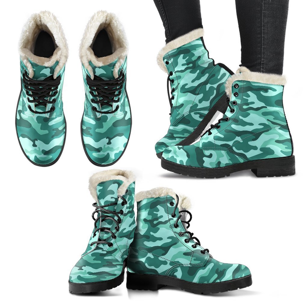 Groovy Teal Camouflage Faux Fur Leather Boots for the Modern Hippie - 2