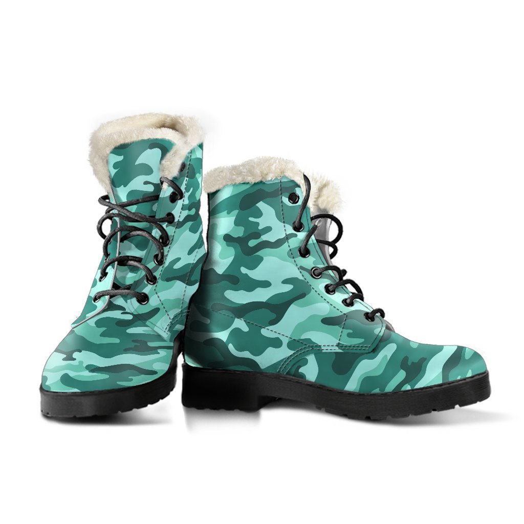 Groovy Teal Camouflage Faux Fur Leather Boots for the Modern Hippie - 3