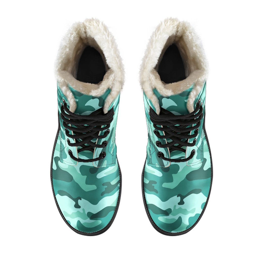 Groovy Teal Camouflage Faux Fur Leather Boots for the Modern Hippie - 4