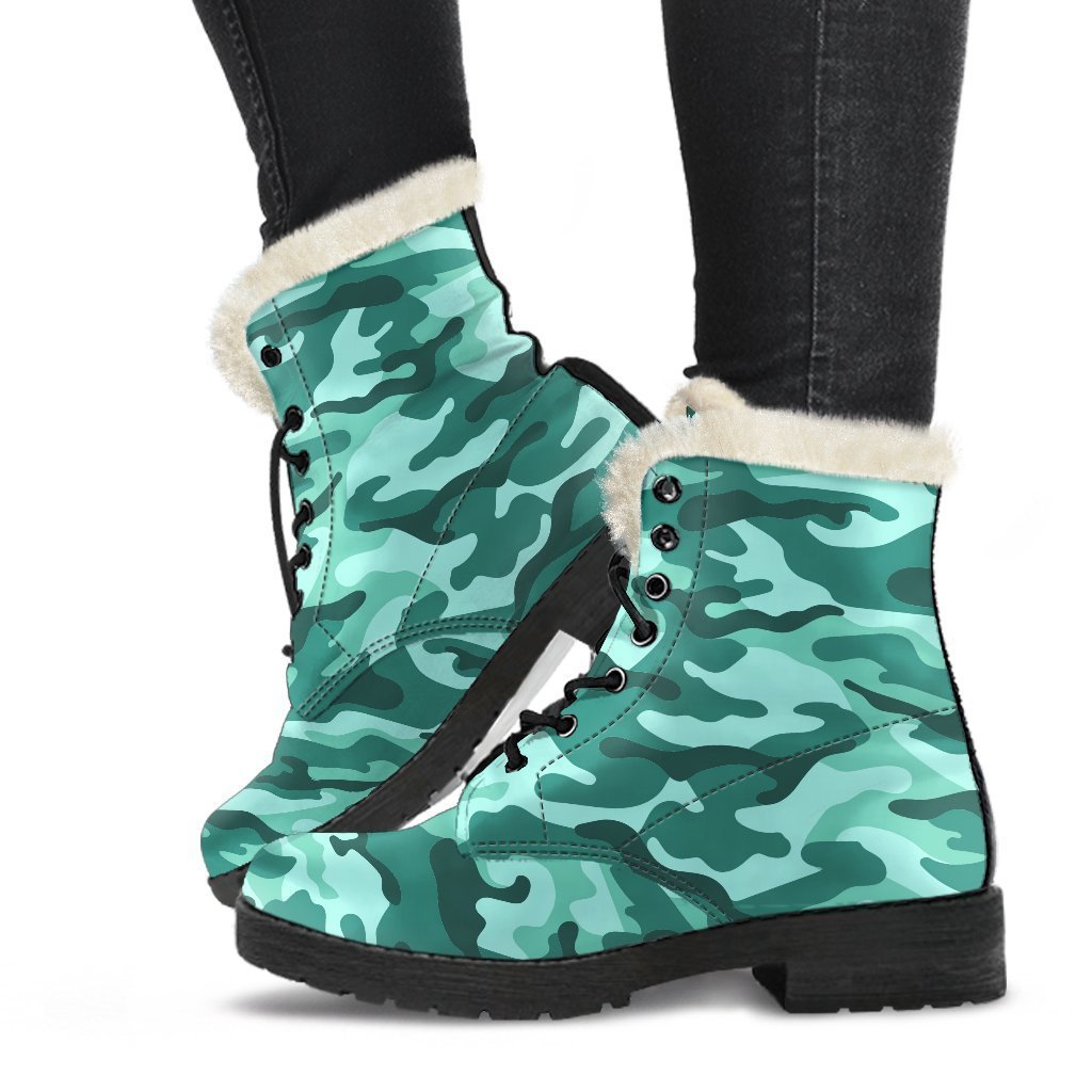 Groovy Teal Camouflage Faux Fur Leather Boots for the Modern Hippie - 1