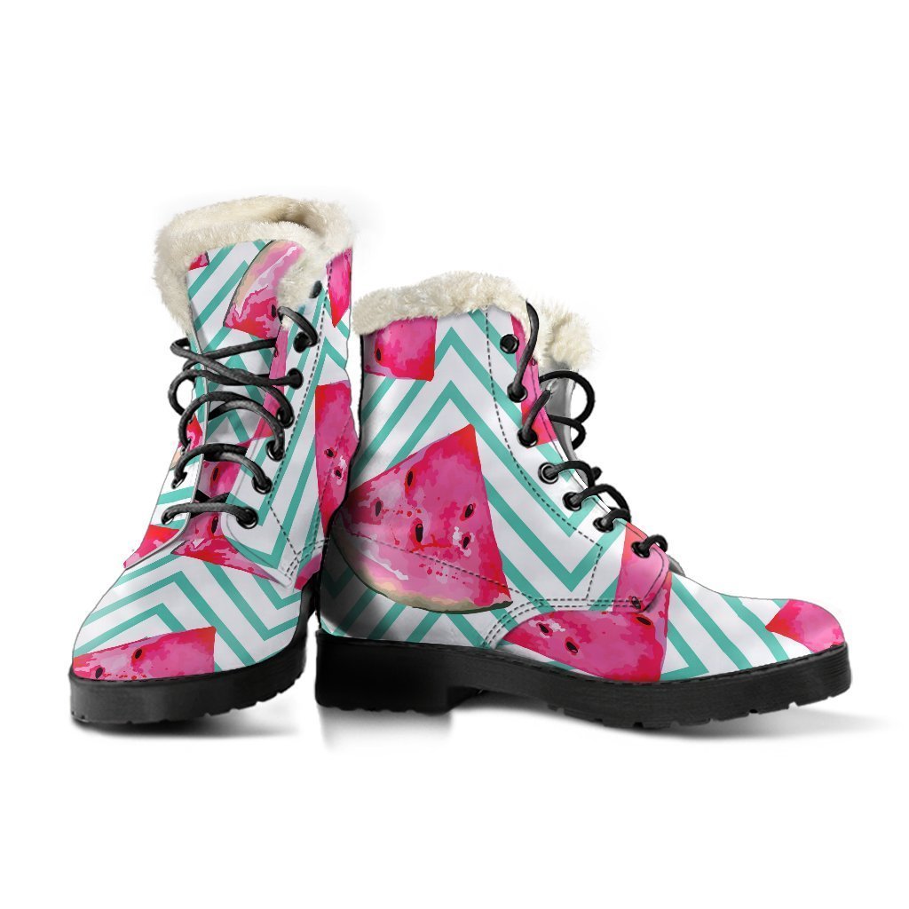 Groovy Teal Chevron Watermelon Faux Fur Leather Boots for Trendy Hippies - 3