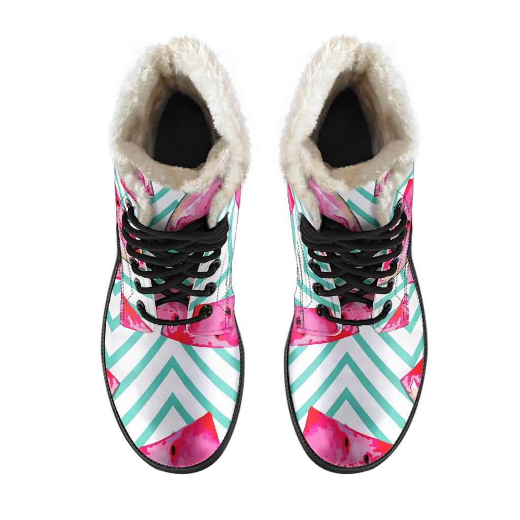 Groovy Teal Chevron Watermelon Faux Fur Leather Boots for Trendy Hippies - 4