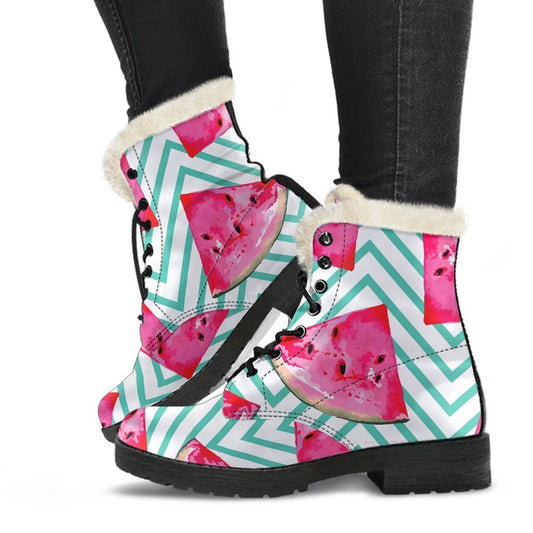 Groovy Teal Chevron Watermelon Faux Fur Leather Boots for Trendy Hippies - 1