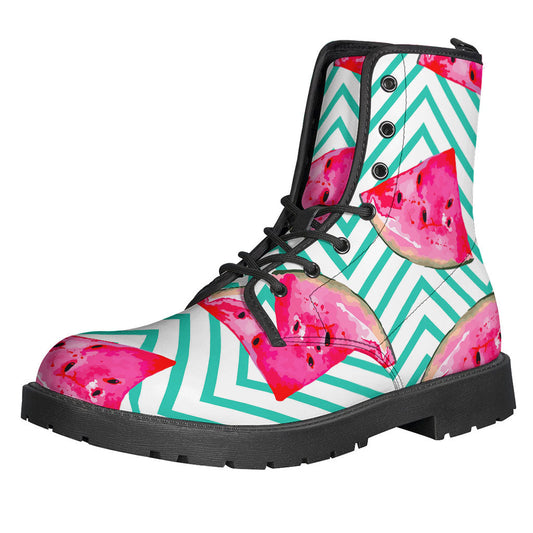 Teal Chevron and Watermelon Pattern Leather Boots for the Free-Spirited Hippie - 1