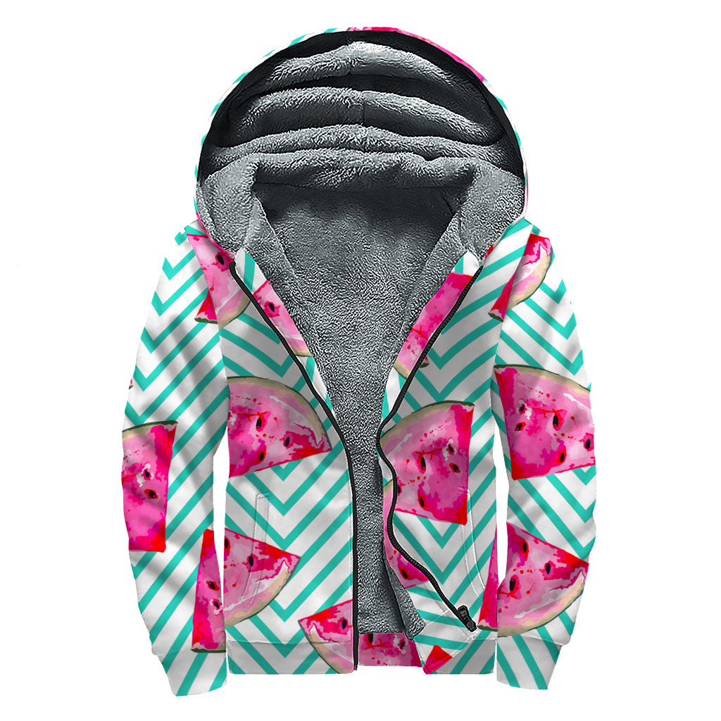 Teal Chevron Watermelon Pattern Print Sherpa Lined Zip Up Hoodie: A Hippie's Dream - 1