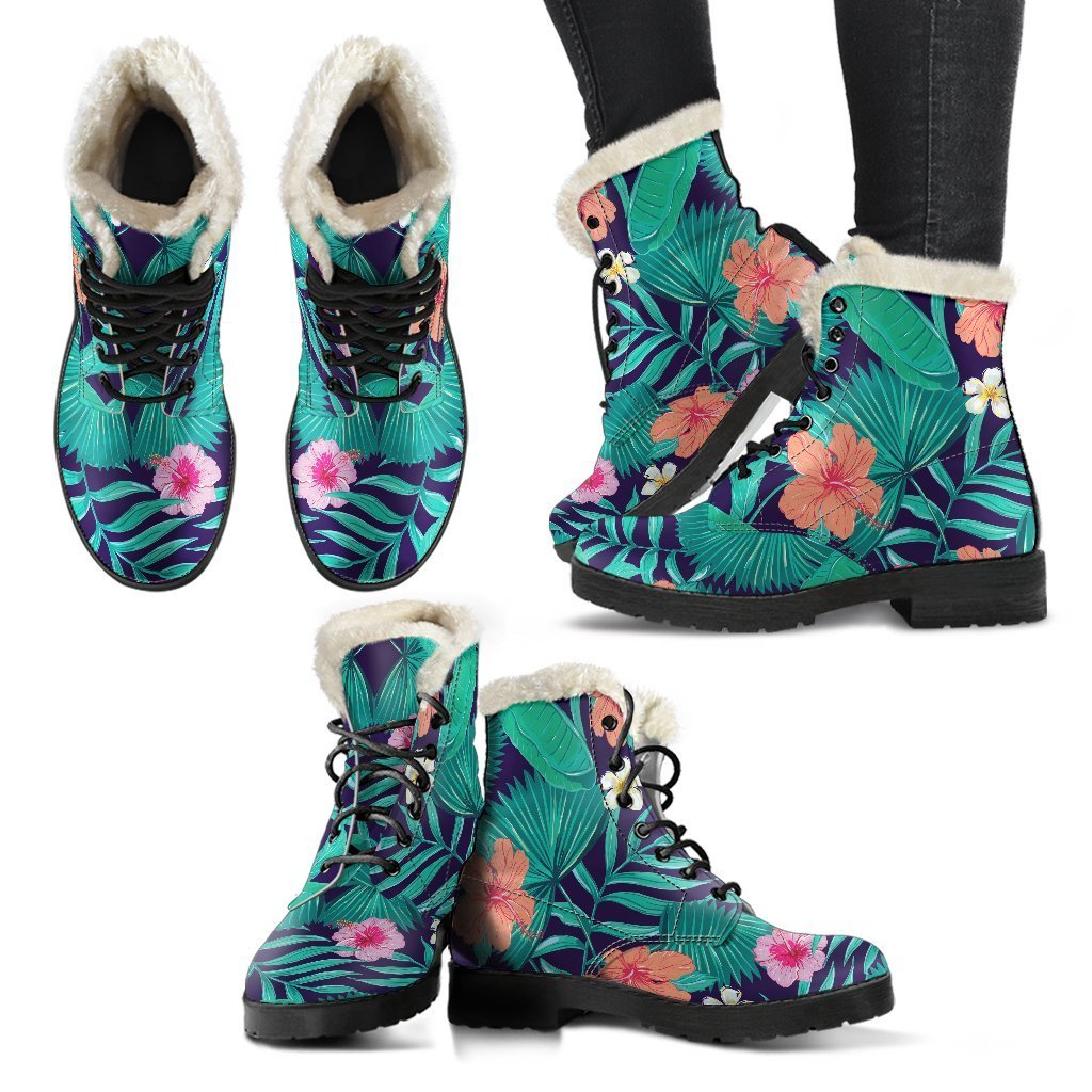 Teal Hawaiian Leaf Flower Pattern Faux Fur Leather Boots for Groovy Hippie Style - 2