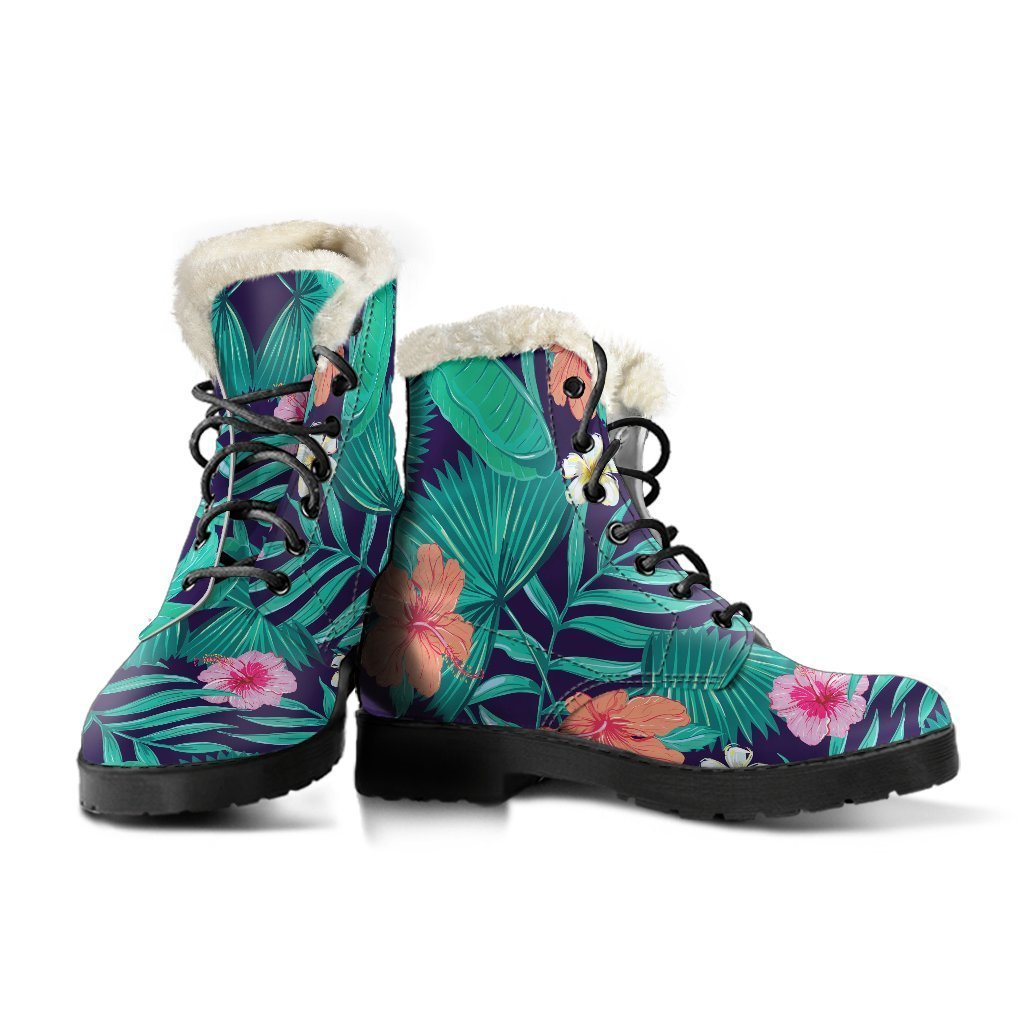 Teal Hawaiian Leaf Flower Pattern Faux Fur Leather Boots for Groovy Hippie Style - 3