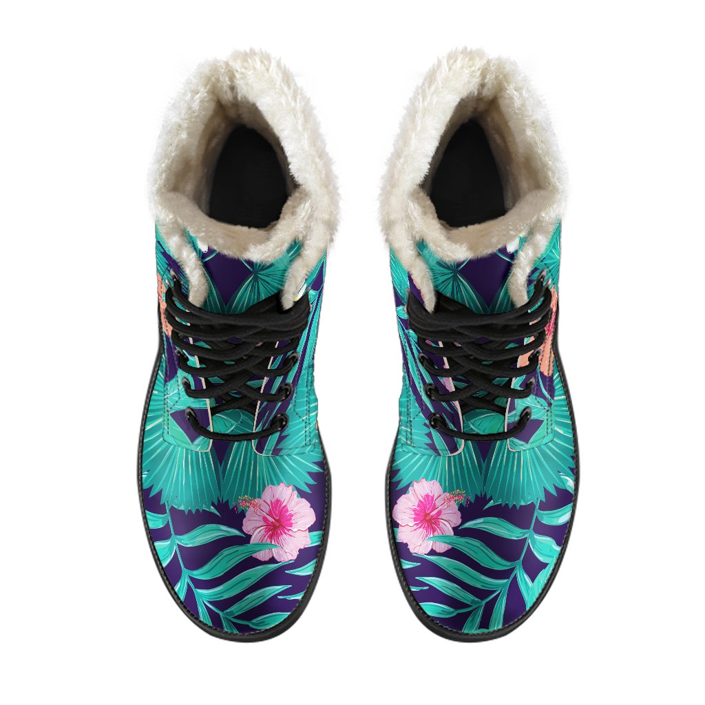 Teal Hawaiian Leaf Flower Pattern Faux Fur Leather Boots for Groovy Hippie Style - 4