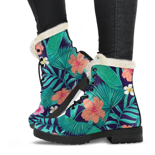 Teal Hawaiian Leaf Flower Pattern Faux Fur Leather Boots for Groovy Hippie Style - 1