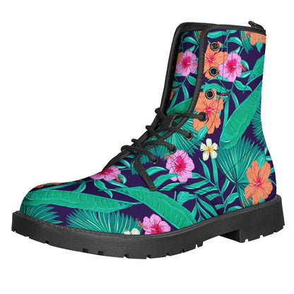 Groovy Teal Hawaiian Leaf Flower Pattern Leather Boots for the Free-Spirited Hippie - 1