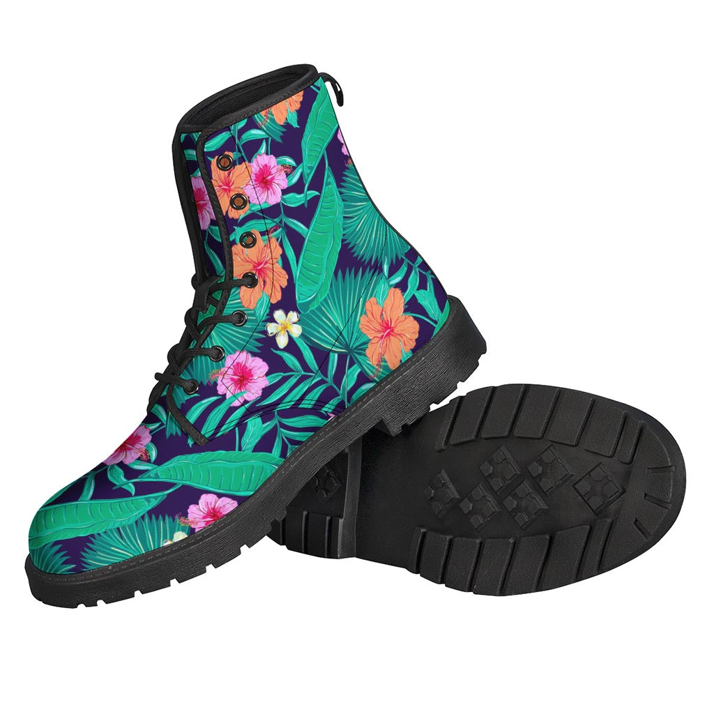 Groovy Teal Hawaiian Leaf Flower Pattern Leather Boots for the Free-Spirited Hippie - 2