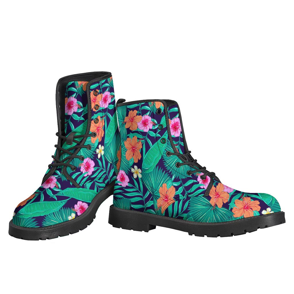 Groovy Teal Hawaiian Leaf Flower Pattern Leather Boots for the Free-Spirited Hippie - 3